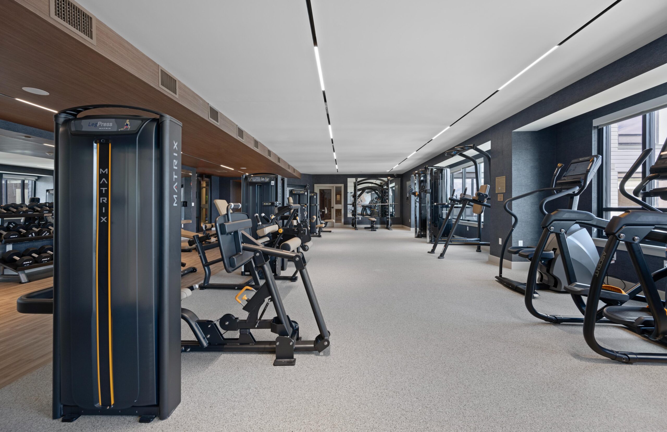 Spacious gym with various exercise machines, black and grey decor, and a row of large windows for natural light.