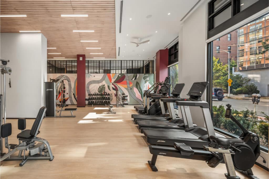 Bright gym with treadmills, strength training equipment, a mural wall, and large windows overlooking the street.