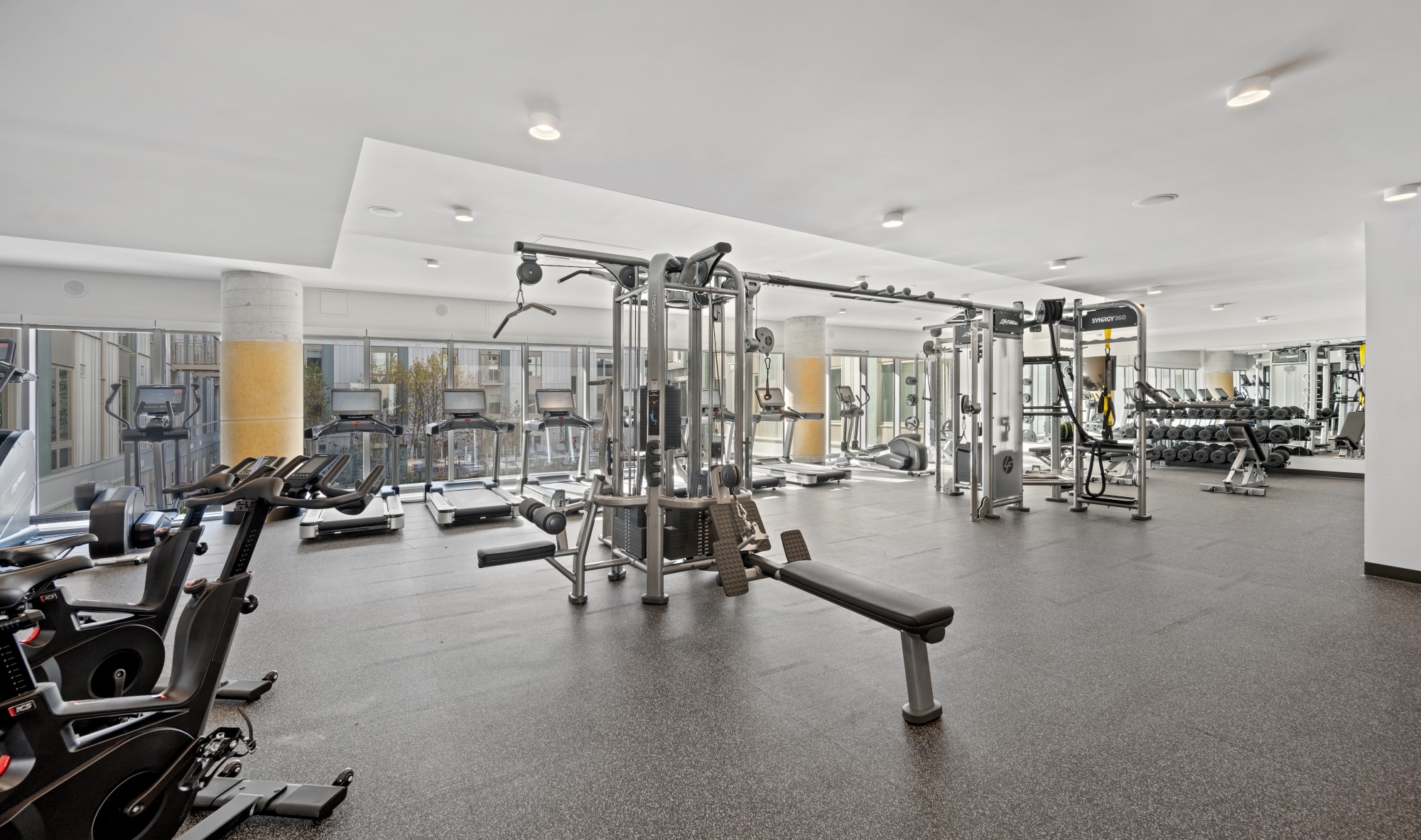 Well-equipped gym with weight machines, treadmills, and floor-to-ceiling windows allowing natural light to flood the space.